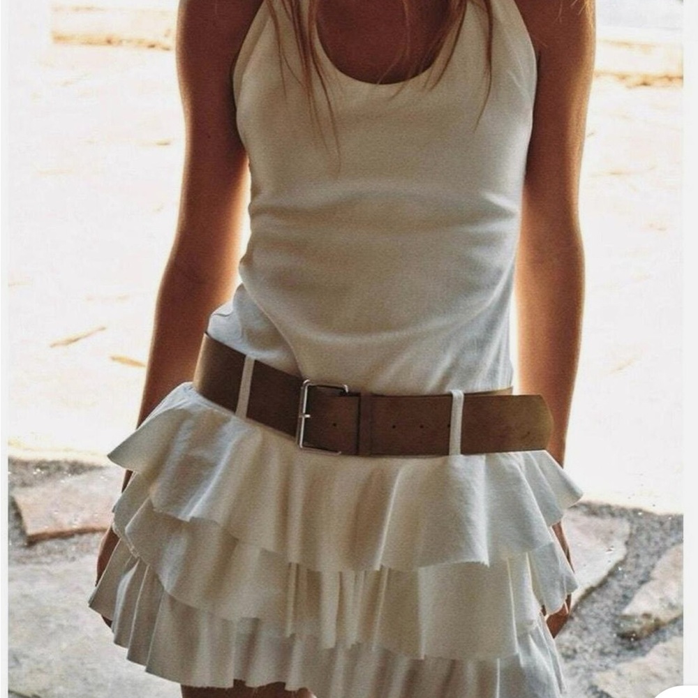 Viral Zara White Ruffled Dress with Tan Belt